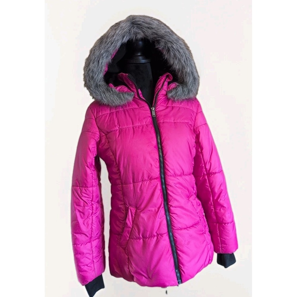 Calvin Klein Girls Faux Fur Pink Hooded Puffer Logo Polyester Fleece Lined XL 16